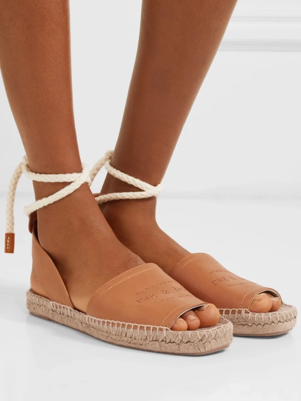 rag & bone Estelle Tan Leather Espadrille Sandals with White Rope Ankle Tie
